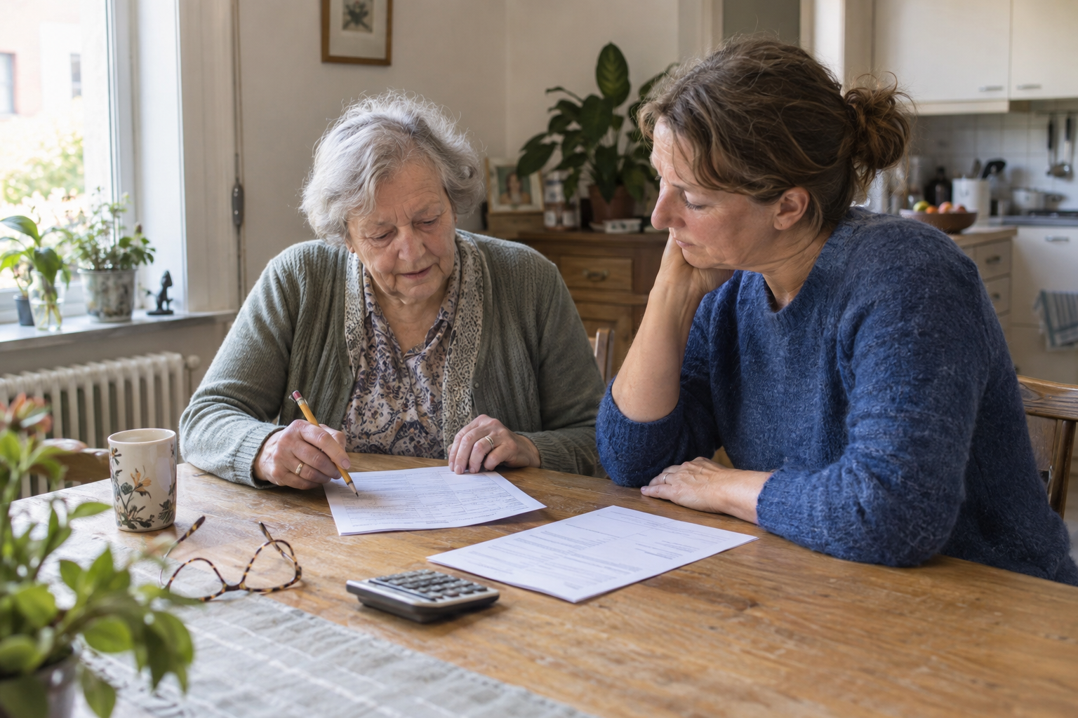 Deux femmes examinent des documents à une table, avec une calculatrice.