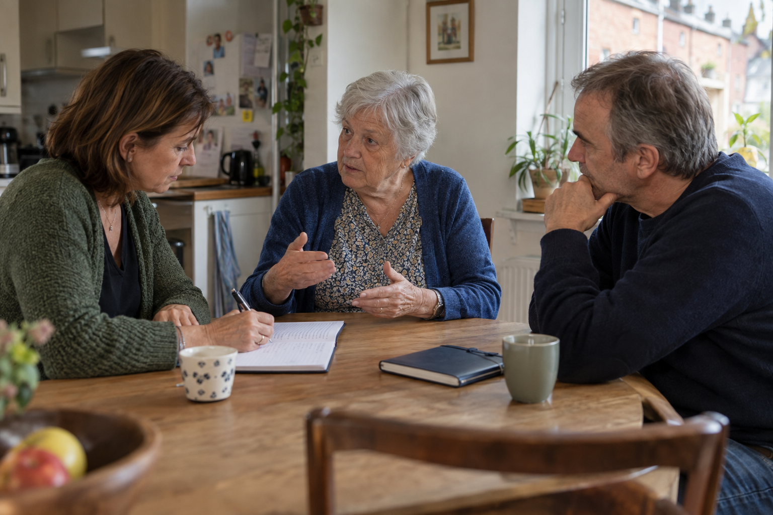 Une femme âgée discute à la table de la cuisine avec deux adultes ; l’un d’eux prend des notes.