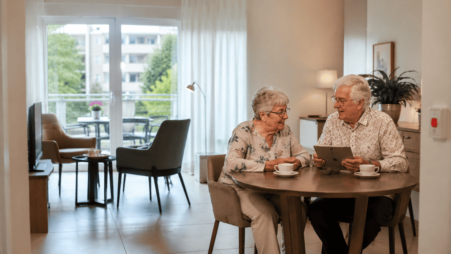 Seniors dans une résidence-services moderne avec des espaces favorisant le contact social