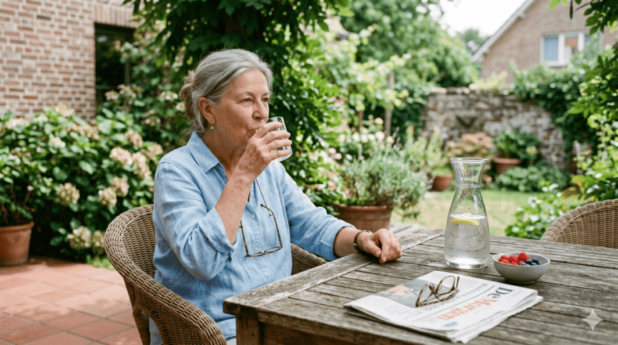 Femme senior qui boit de l’eau dans un jardin calme par une journée chaude